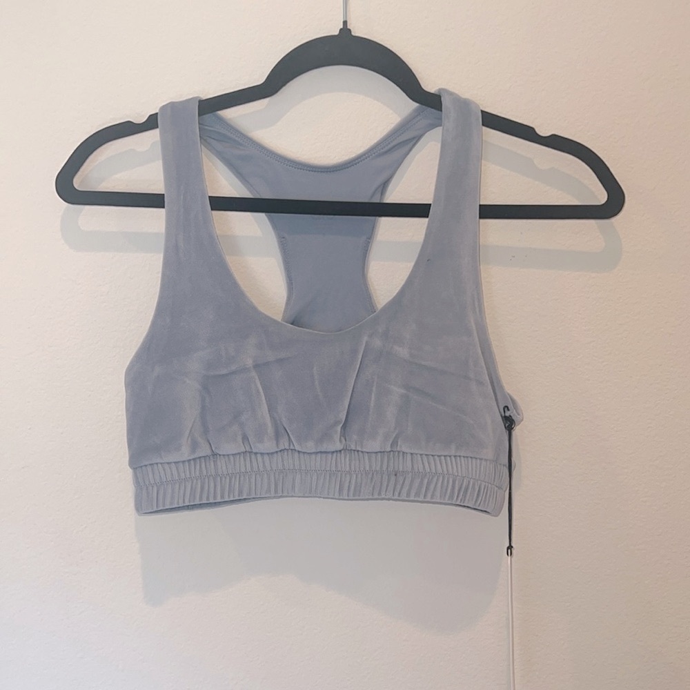 ALO Yoga Light Gray/Blue Velvet Racerback Sports Bra